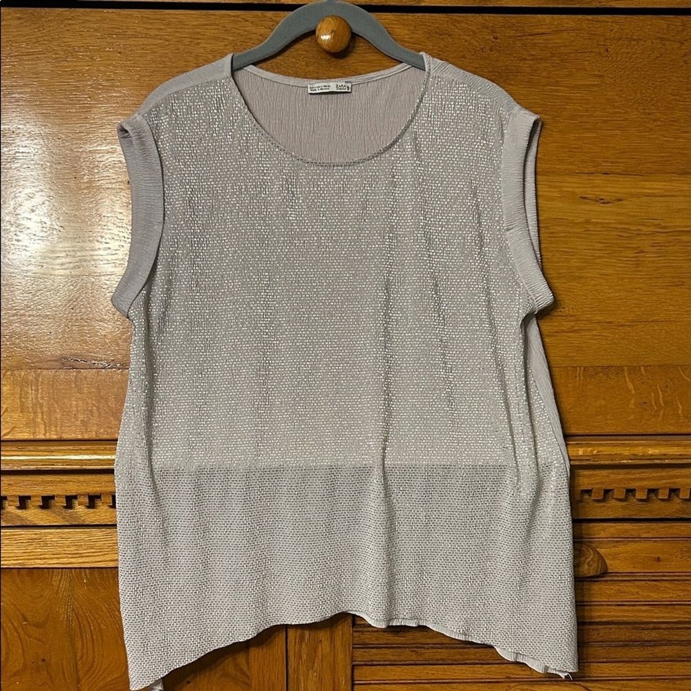 Zara Collection B Quiet Luxury Silver Metallic Knit Sleeveless Top Grey Plisse